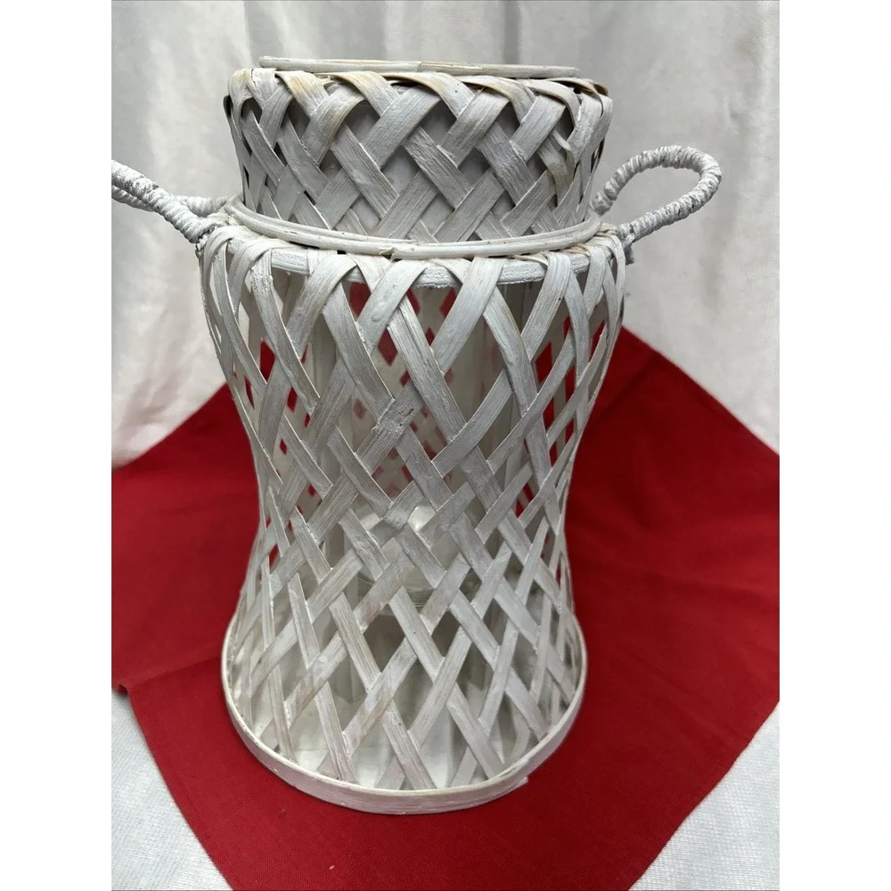 Large Whitewashed Rattan Hurricane Lantern Unique Boho Indoor Or Outdoor Decor